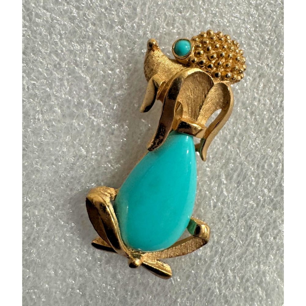 Vintage Crown Trifari Poodle Dog Brooch Faux Turquoise Blue Jelly Belly Pin 50s
